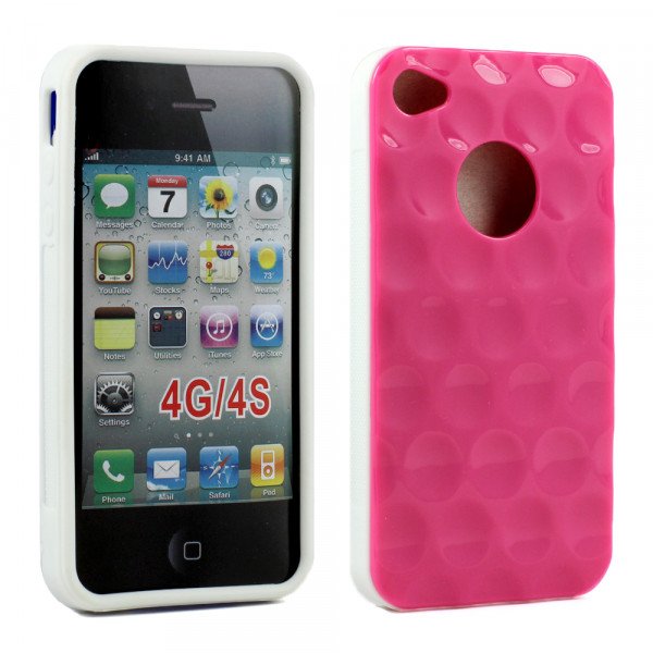 Wholesale iPhone 4 4S Circle Gummy Case (Pink-White)